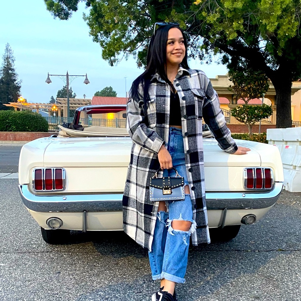 Black Plaid Brushed Flannel Long Shirt Jacket: Brand- Cielo Los Angeles